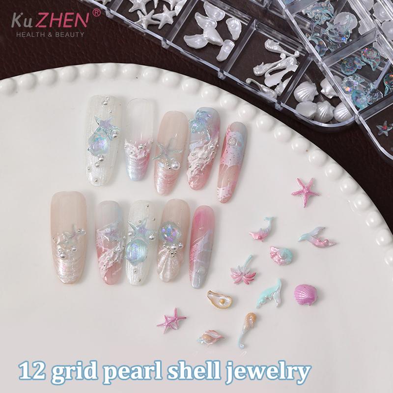 12 Grids/Box Aurora Nail Art Charms  Shell Starfish Mermaid Tail 3d Nail Art Accessories For A Dreamy And Oceanic Manicure Look
