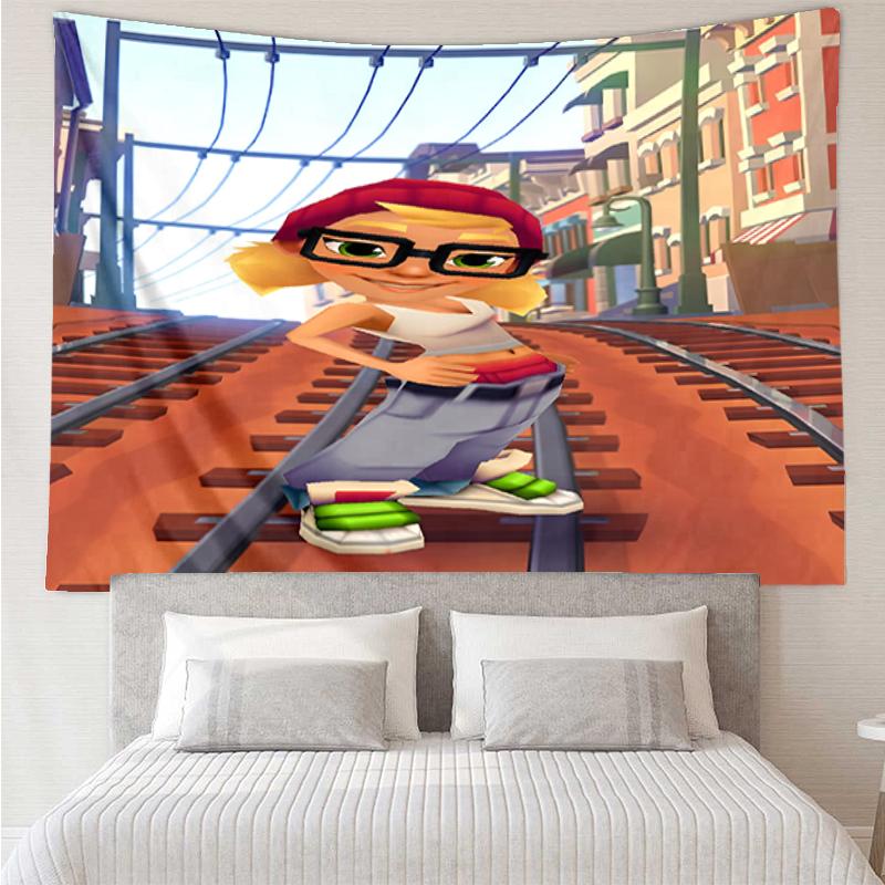 Gobelin z nadrukiem Subway Surfers, Tło, Łatwy montaż, Idealny do sypialni, biura i salonu, z estetycznym dekoracyjnym zawieszeniem na ścianę.
