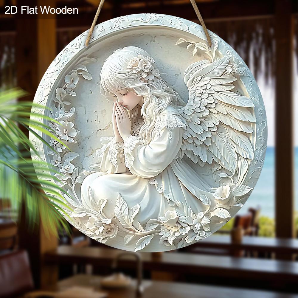 Pretty Angel Wooden Sign - Beautiful Angel Round Sign for Front Door Wall Hanging Decor Ideal Home Hanging Ornament