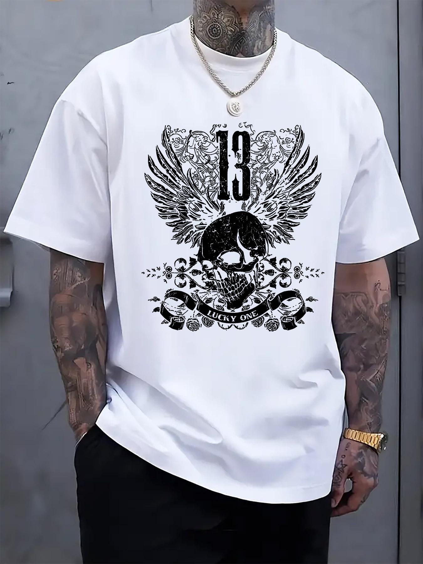 Black 13 Skull & Wings Graphic T-shirt - Casual Crew Neck XL