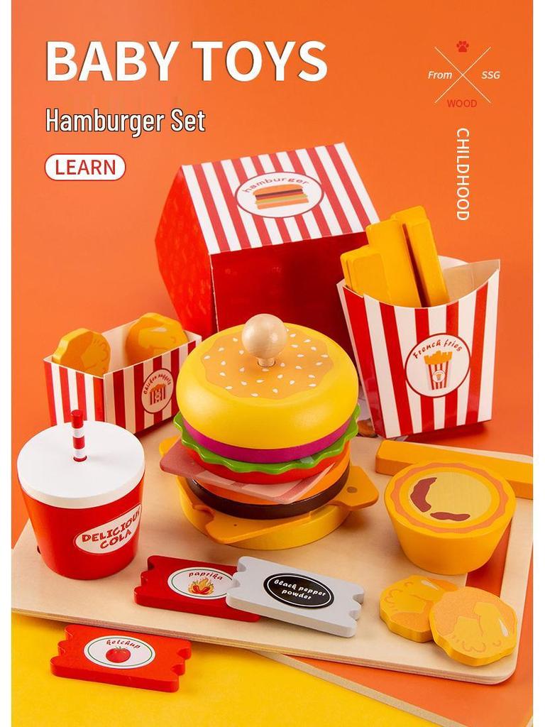Wooden Hamburger & French Fries Pretend Play Set – Toy Kitchen Gift for Kids