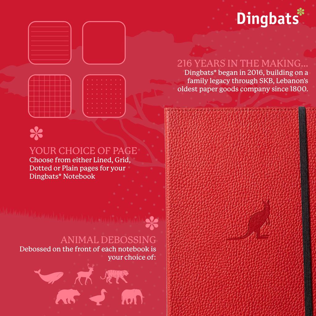 Wildlife Grid Medium Red Hardcover Notebook PU Leather Cream 100gsm Paper Dingbats - Notebook, Kangaroo, A5+ - - - Perforated, Ink-Resistant