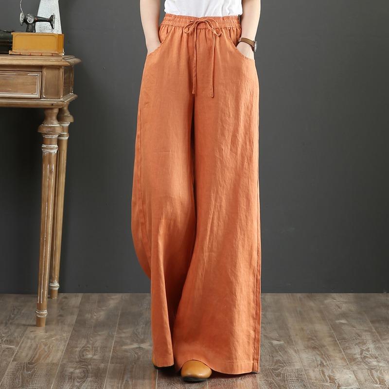 Casual Cotton and Line Plus Size Women Wide Leg Pants Korean Fashion Spring Summer Loose High Waist Pants Ladies Solid Color Elegant Trousers 1097
