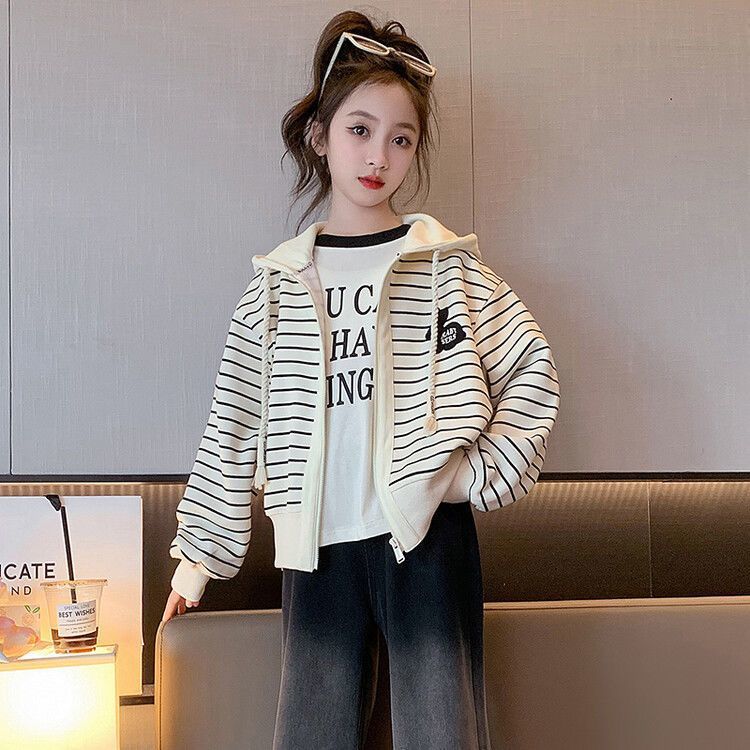 Girls Striped Fashionable Versatile Jacket for Spring Autumn 120 бежевый
