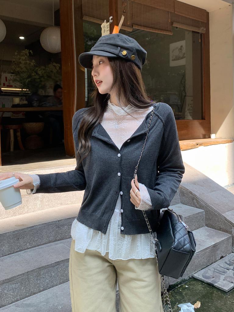 Gray round Neck Knitted Long Sleeve Cardigan Women's Autumn and Winter Wear Jacket with Shoulders and Bottom Loose Top