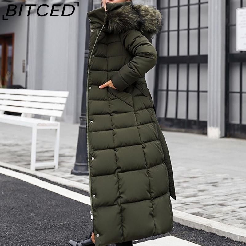 BITCED Winter Women's Cotton Coat - Extended Length with Large Fur Collar Thickened Long-Length Women's Down-Filled Cotton Jacket