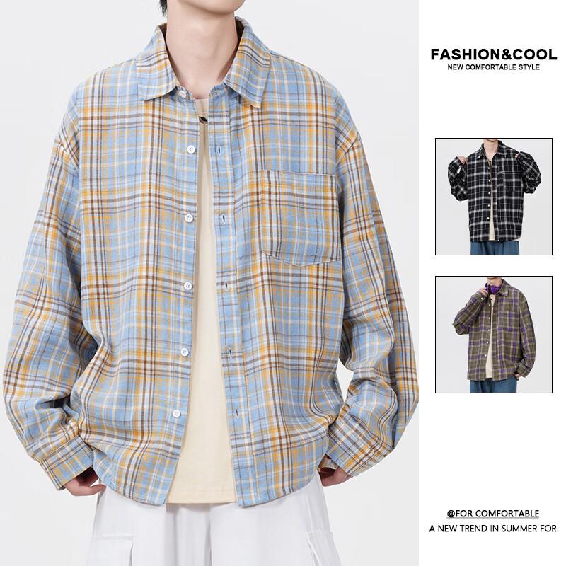 VUUG American Retro Plaid Color-Block Long-Sleeve Shirt 3XL