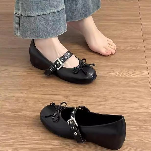 

Inner height increase bow ballet single shoes women s 2025 new flat bottom shallow mouth word belt Mary Jane shoes women 35