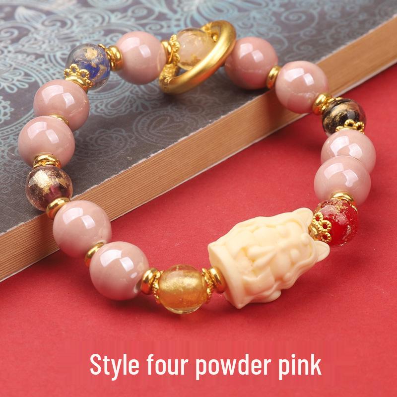 Beijing Nine-Tailed Fox Ceramic Bracelet: Incense Ash Glazed Court Style with Beads