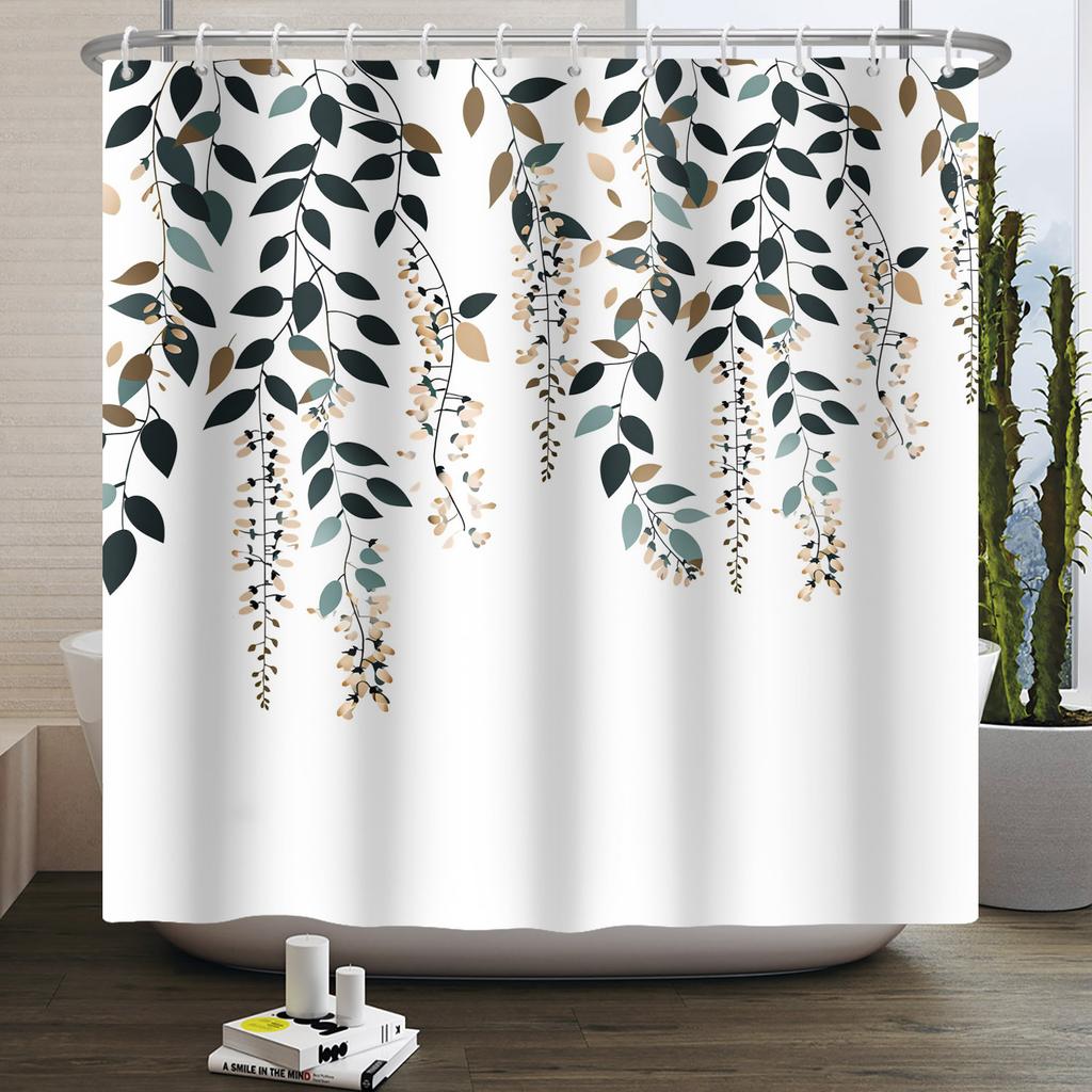 Green Eucalyptus Shower Curtain Watercolor Plant Leaves Bathroom Decoration Waterproof White Fabric Bath Curtain With 12 Hooks