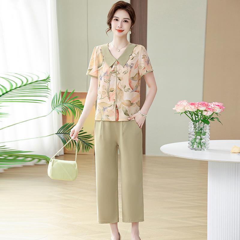 Set tricou de vară pentru femei de vârstă mijlocie și vârstnice, tricou de vârstă mijlocie, ținută de mamă, set din două piese