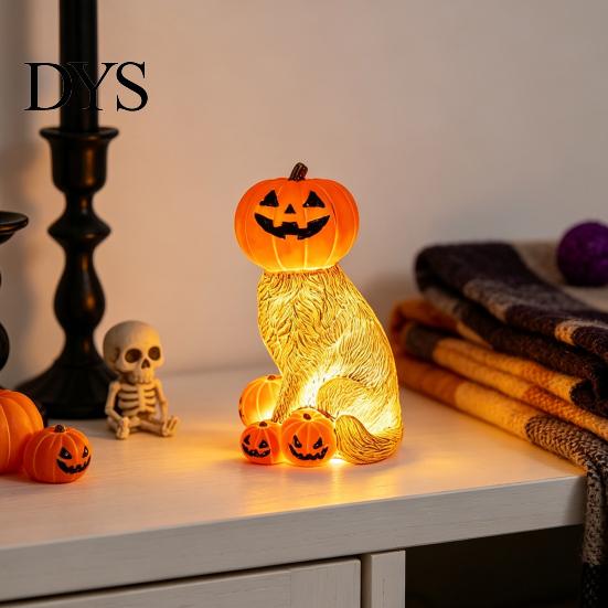 Collectibles for Home Office Lighted Pumpkin Cat Figurine, Spooky Halloween Tabletop Resin Sculpture, Gift Lovers Autumn Fall Ornament Indoor