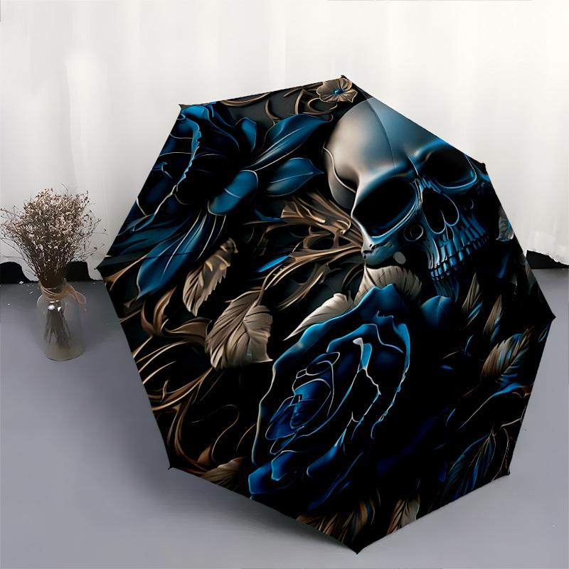 Skull Roses Themed Automatic Opening and Closing Umbrella, Brightly Colored 8-rib Portable Umbrella, Suitable for Men and Women, A Perfect G