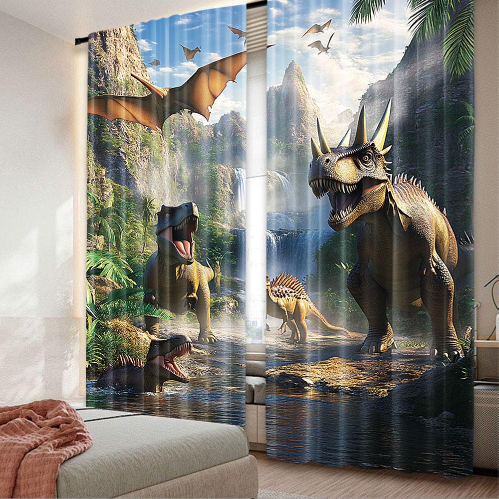 2Pcs Cartoon Dinosaur Curtain For Birthday Party Decor Design For Privacy Protection And Stylish Home Decor Perfect For Living