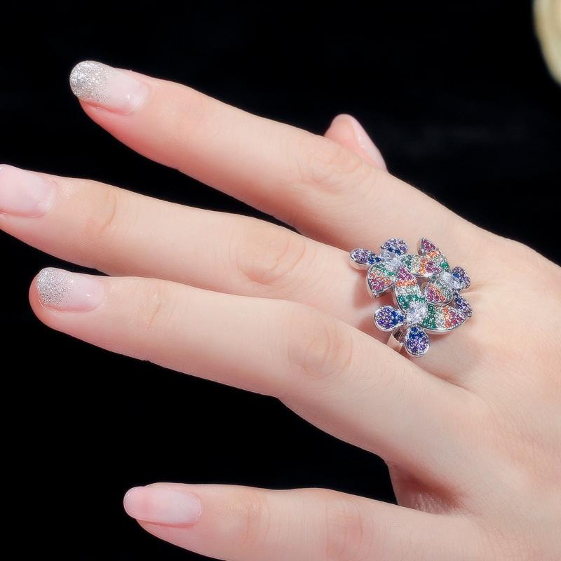 J0112 Popular Women'S Ring Elegant Temperament 3A Color Zircon Flower Ring Adjustable