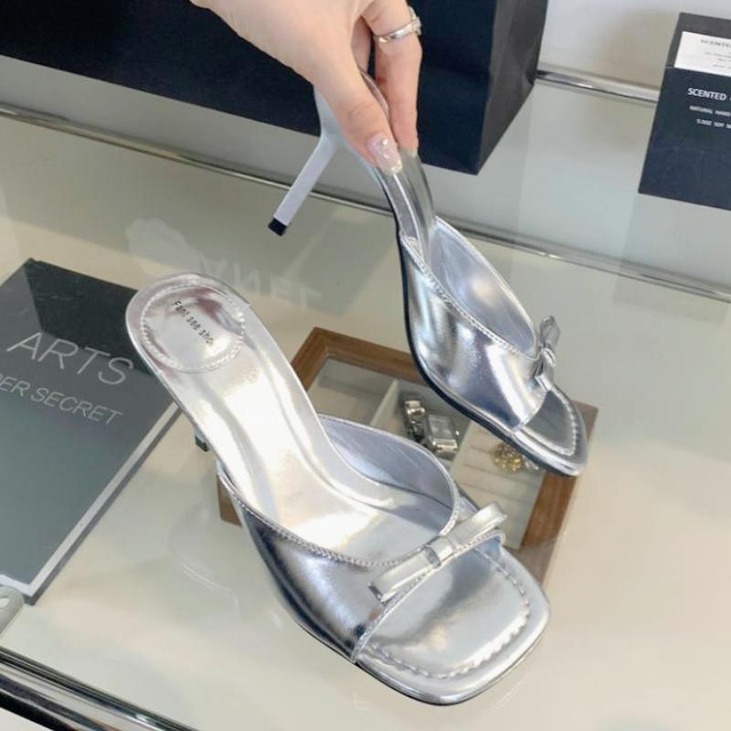 Sexy Leopard Bow Thin Heeled Ladies Slippers Summer Fashion Dress Open Toe Sandal Designer Mueller Shoes for women Zapatos Mujer