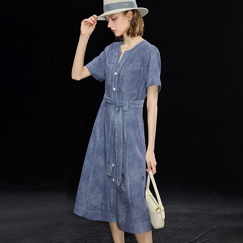 Heavyweight Mulberry Silk Denim V-Neck Drop-Shoulder Long Dress with Belt