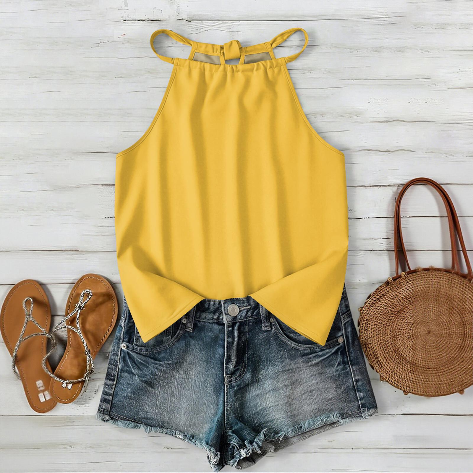 

Women Bohemian Solid Color Sleeveless Camisole Top Summer Casual Loose Fit Spaghetti Strap Blouse for Outdoor and Daily Wear M жовтий