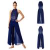 Women Lyrical Dance Unitard Glitter Rhinestone Halter Backless Sheer Waist Tight Pants Mesh Layer Jumpsuit Flowing Dancewear for Stage Performance