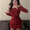 Large Size Slim Skirt Long Sleeve Dress Sexy Lace One-word Shoulder Premium Sense Slightly Fat Hip Bag Dress