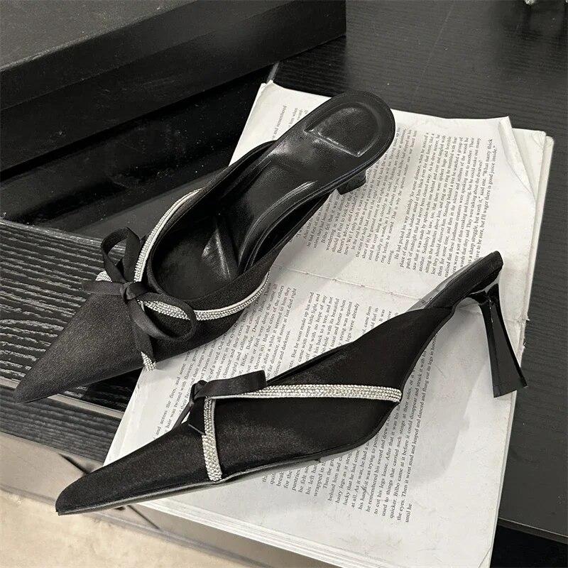 Eilyken Butterfly-knot Woman Slippers Pumps Design Style Low Heels Ladies Pointed Toe Shoes Mules Crystal Slides