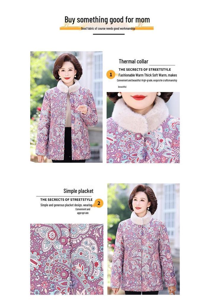 Mom’s Winter Velvet Floral Quilted Jacket for Middle-aged Women - Cozy, Fashionable Outerwear