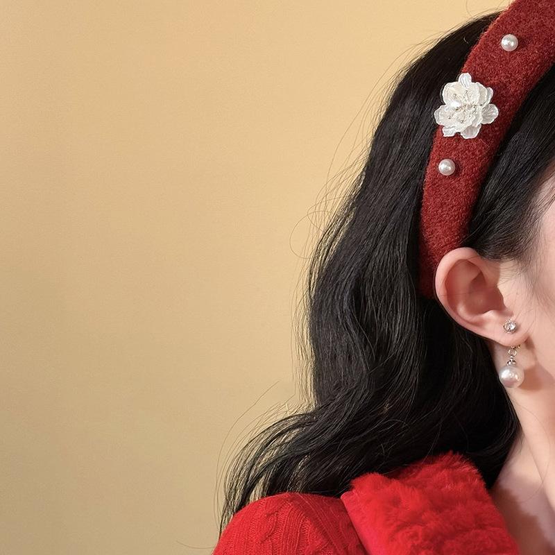 Flocking Fabric Flower Pearl Headband Autumn and Winter Retro Temperament Elegant High Skull Top Headband Hair Accessories