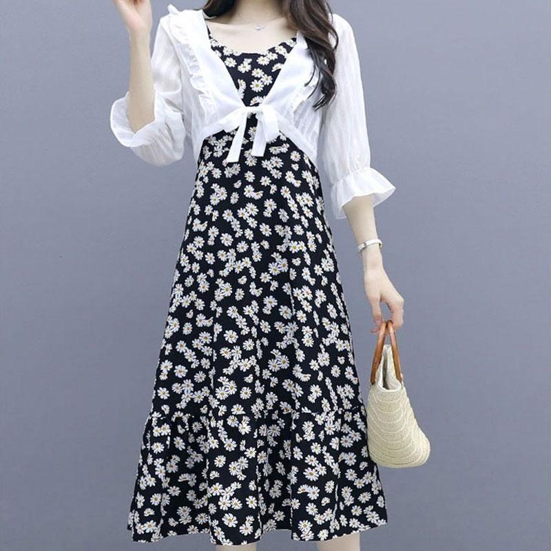2024 Summer Thin New Broken Flowers Dresses Beach Style Women's Clothing Vintage Sleeveless A-Line Waist Commute Slip Midi Dress