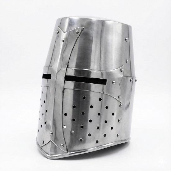 Handgefertigter Mittelalterlicher Ritter Großhelm Kreuzritter Templer Rüstung Polierter Stahlhelm für Cosplay, LARP und Heimdekoration
