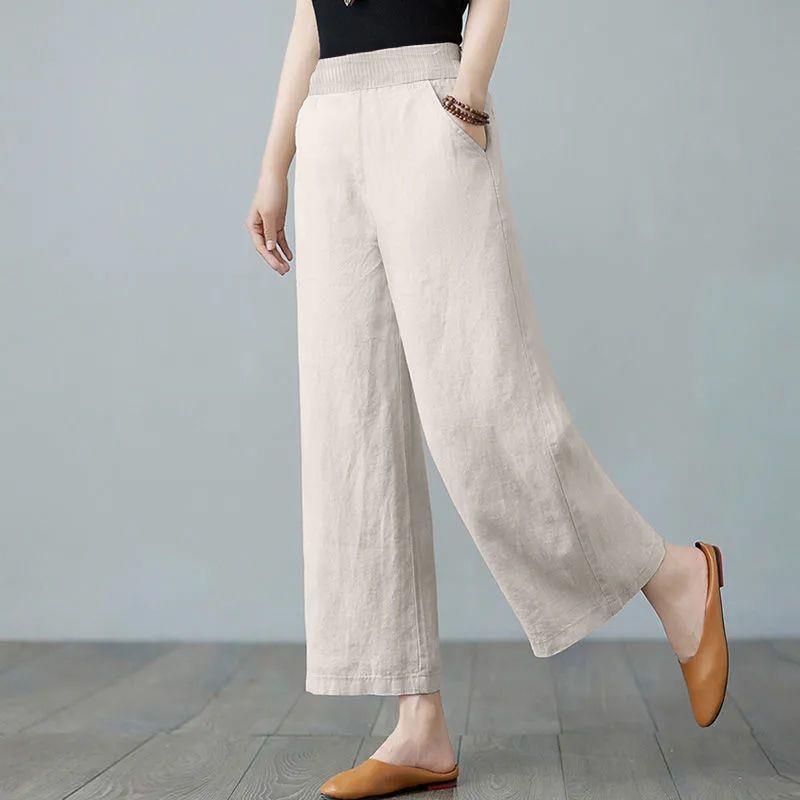 Women s 2025 High-Waisted Wide-Leg Linen Cropped Pants M 100-115 lbs