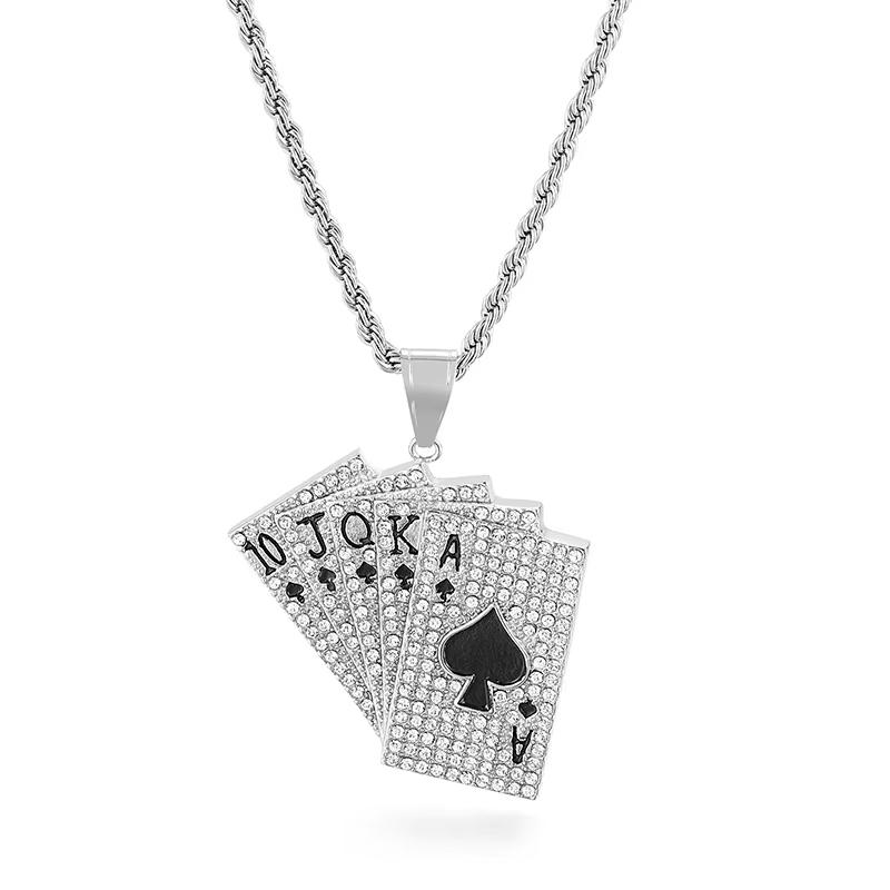 Pánský Hip Hop Pokerová Karta Přívěsek Náhrdelník Bling Kamínky Hrací Karta Řetízek Nerezová Ocel Streetwear Šperky pro Party Dárek