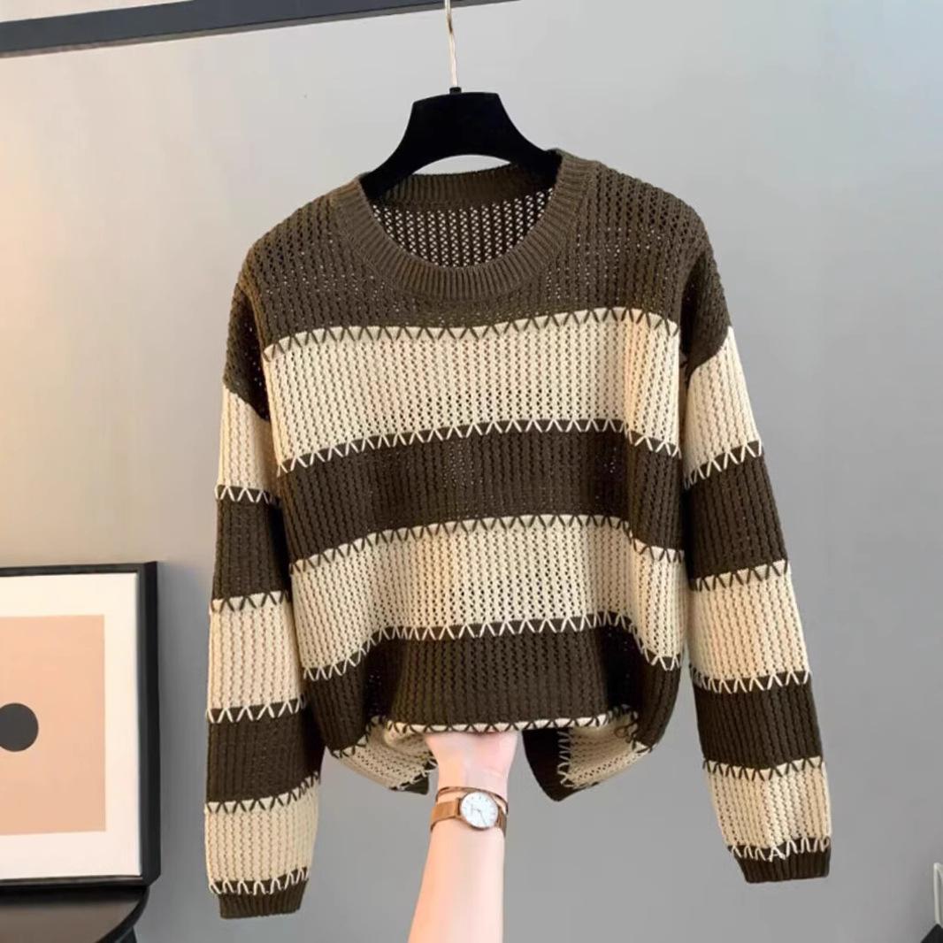 

Ретро Светр з круглим вирізом та довгими рукавами для жінок Модний стиль для поїздок на роботу Контрастні смужки Вільний светр-пуловер Ажурний в язаний светр 2XL