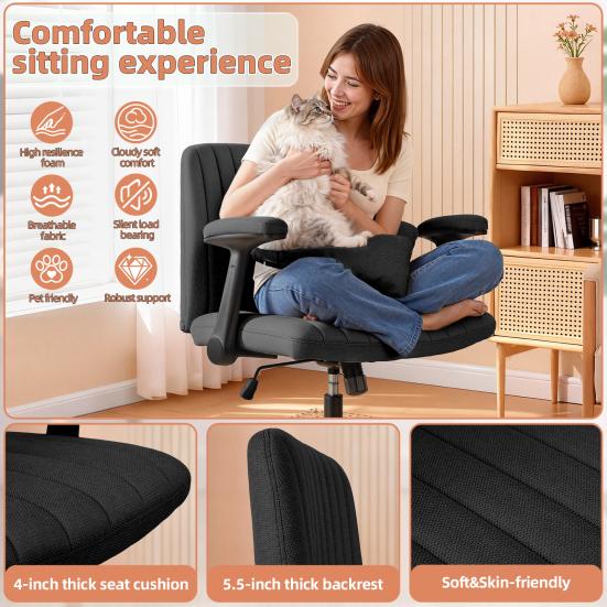 Cross-Legged Office Chair with Wheels & Adjustable Flip-up Arm, Desk Chair with Backrest, Thick Cushion, Wide Seat, Computer Chair for Home, Office,