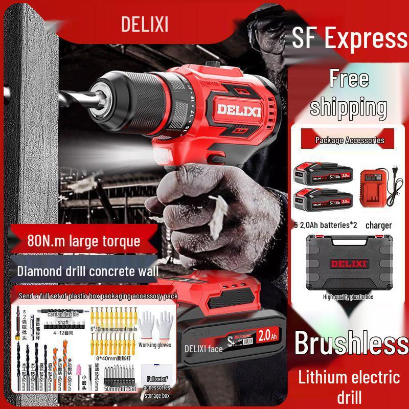 Delixi Brushless Lithium Electric Hand Drill - Pistol Grip for Household Wall Drilling and Impact Holes