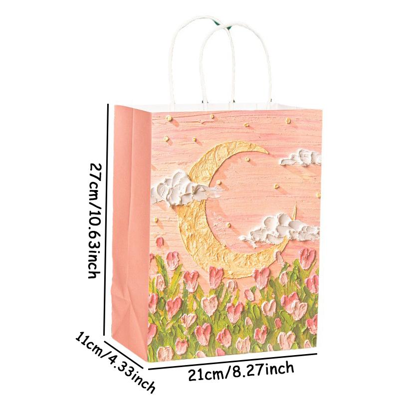5pcs Kraft Paper Gift Bags Summer Holiday Gifts Bag Birthday Wedding Party Favor Bag Portable Gift Bag 3D Oil Painting Handbag