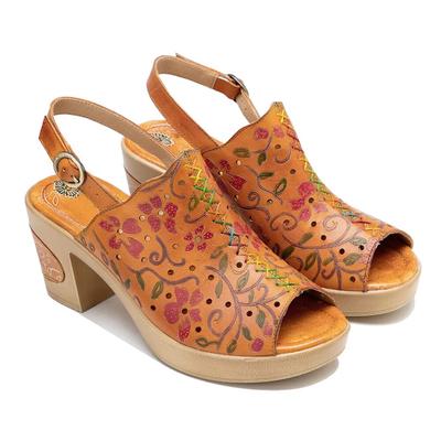 Genuine Leather Handprinted Hollow-out Comfortable Thick Heel Buckle With Wooden Clog Sole Sandals
