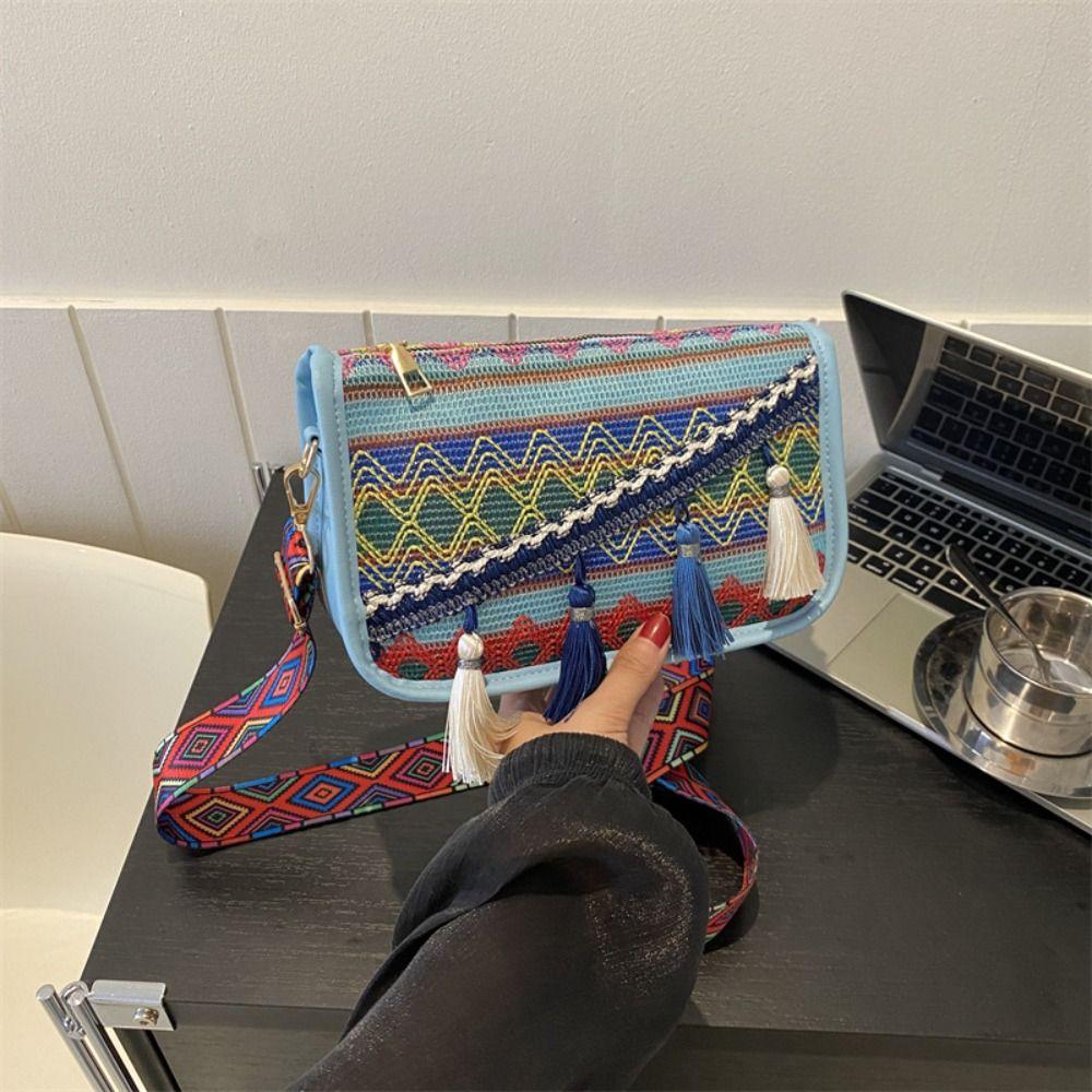 Colorful Fringe Shoulder Bag Tassel Ethnic Style Crossbody Bag Portable Large Capacity Bag  Outdoor