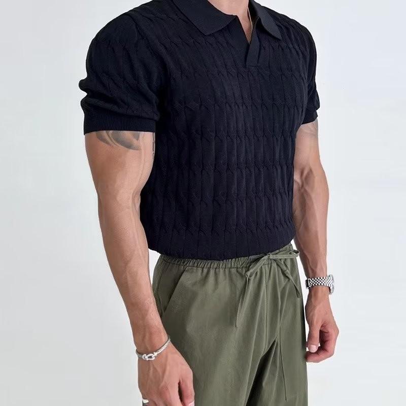 Men's Knitted Jacquard Polo Shirt Casual Stripe V Neck Solid Color Short Sleeve T Shirt Breathable Light Luxury Clothing