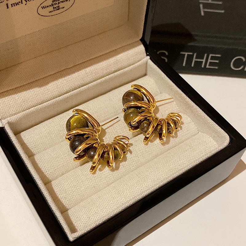 

S Sterling Silver Needle Natural Tiger s Eye Earrings Women s Fashion Stud Earrings Versatile Earrings