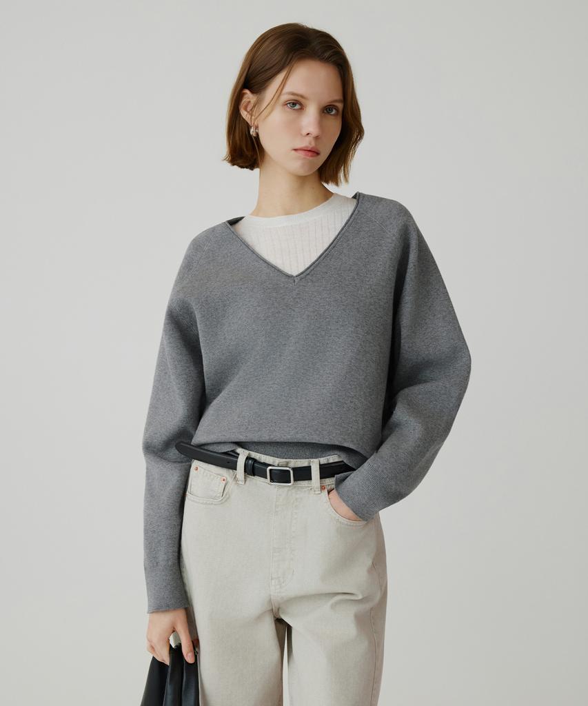 Siyajyu Sikn2181 Balloon V-Neck Loose Fit Knit_Melange Gray