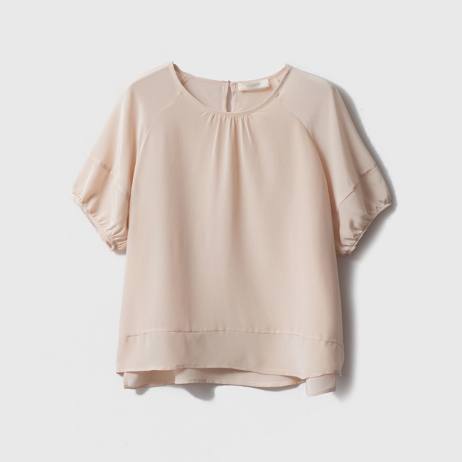 

Women s Haute Couture Silk Georgette Lantern Sleeve T-Shirt - 100% Mulberry Silk, Round Neck, Loose Fit, Short Sleeves Large розовый/телесный