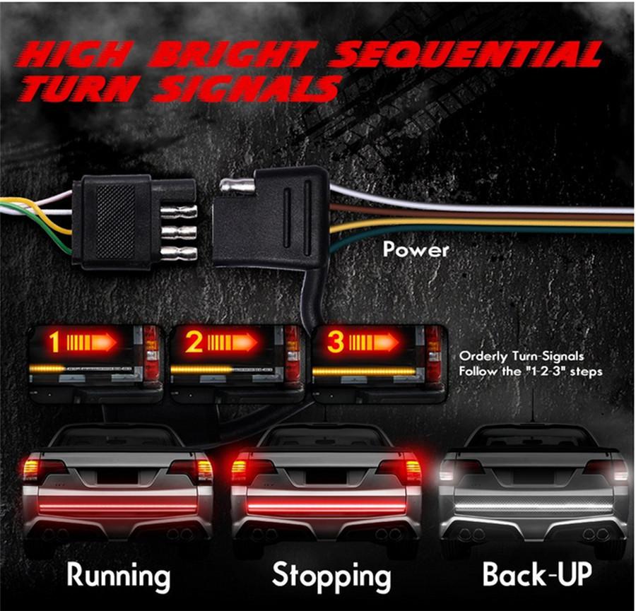 60" Triple Row LED Tailgate Light Bar with Amber Turn Signal/Double Flash, Red Brake/Running, White Reverse Lights - Weatherproof