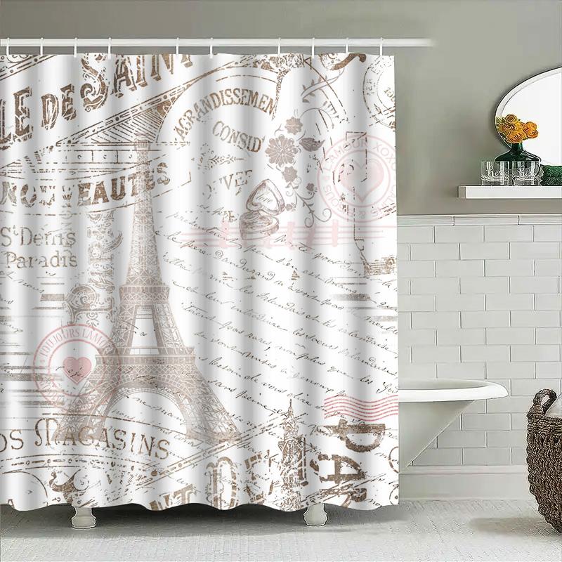 Retro Eiffel Tower Print Shower Curtain For Bathroom Decor White Brown Tones Waterproof Fabric With Grommets Set