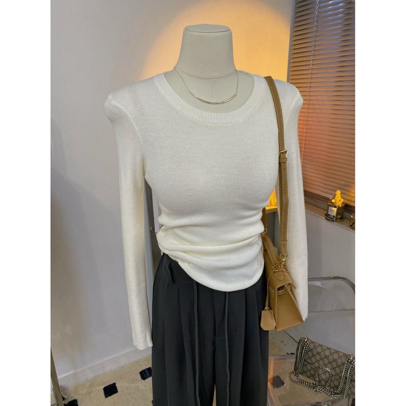 Slim-fitting and thin long-sleeved knitted sweater women's spring solid color round neck versatile bottoming shirt top soft waxy sweater