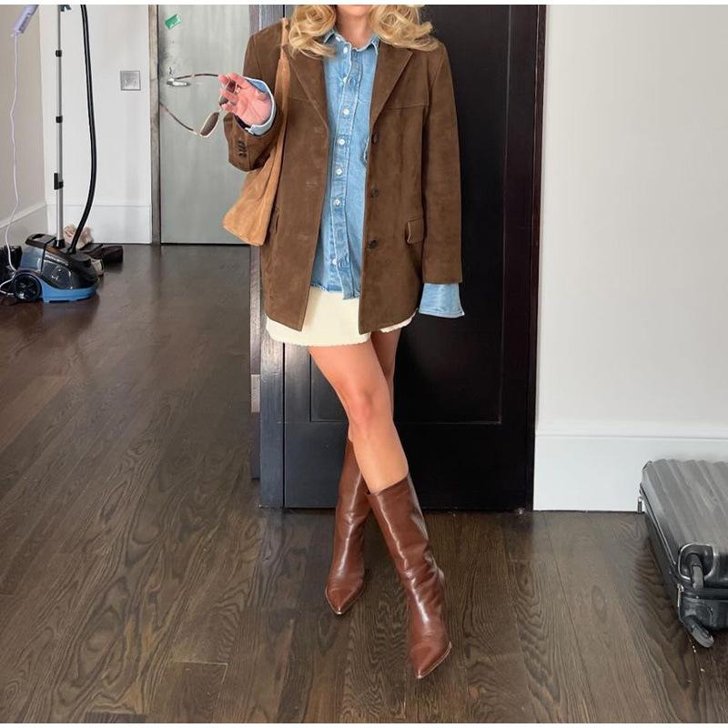 Casaco Castanho para Mulheres Primavera Colarinho Entalhado Manga Comprida Jaqueta Feminina Moda 2025 Solto Abotoamento Simples Casacos Femininos