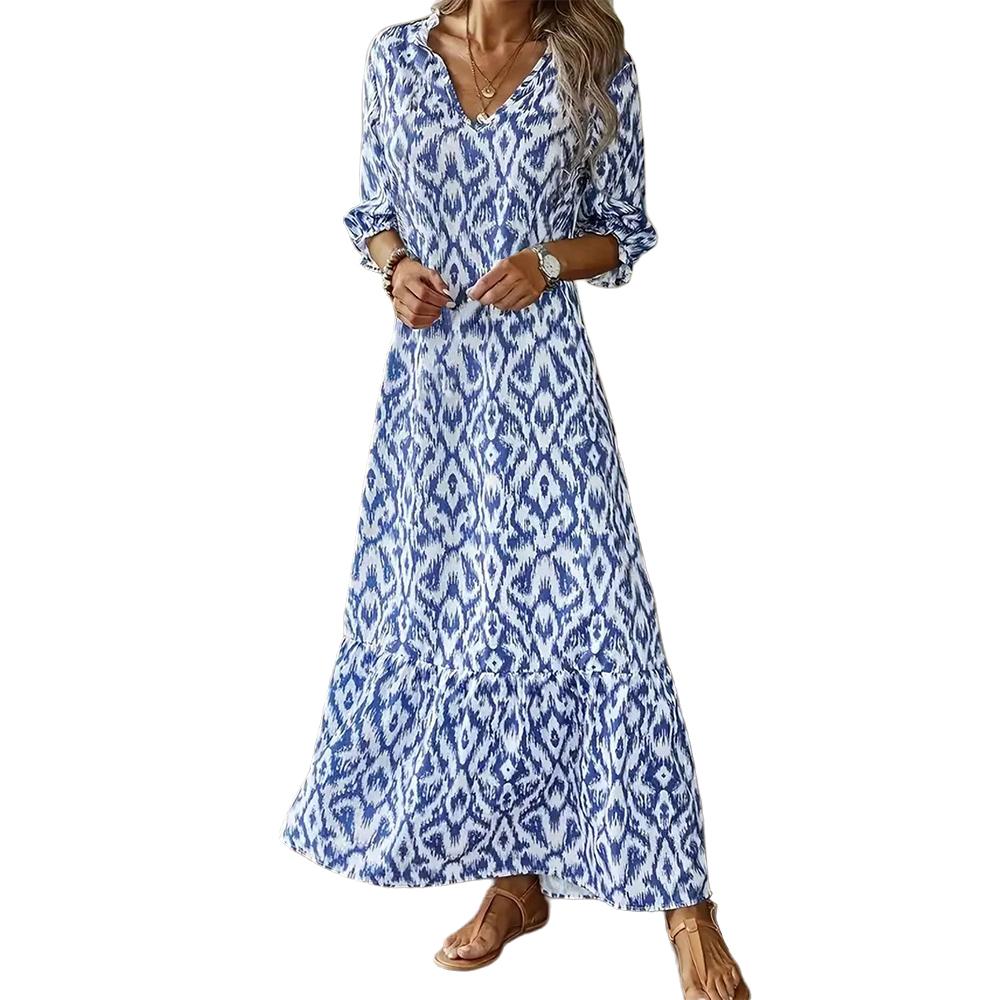 Women's Bohemian 3/4 Sleeve V-Neck Printed Maxi Dress