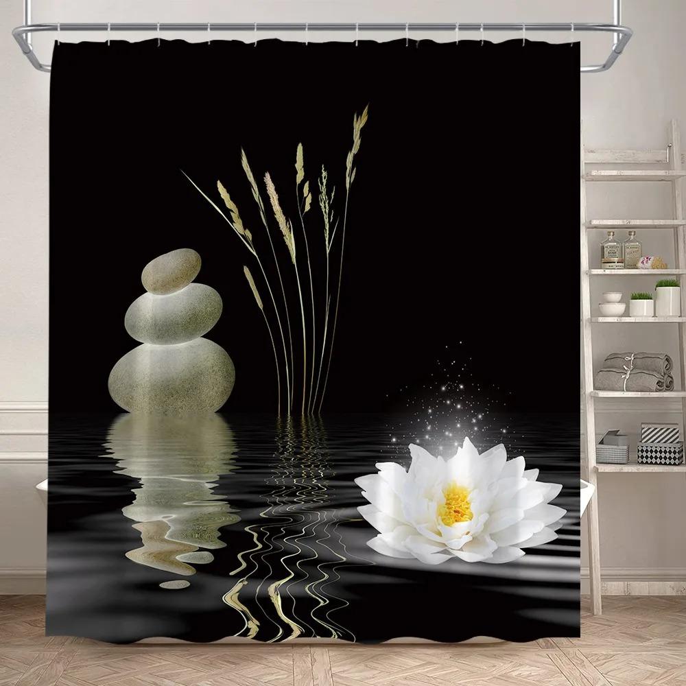 

Zen Green Bamboo Shower Curtains Purple Orchid Butterfly Flowers Plants Black Stone Spa Nature Scenery Fabric Bathroom Decor Set W60H190(CM)-1 Pcs
