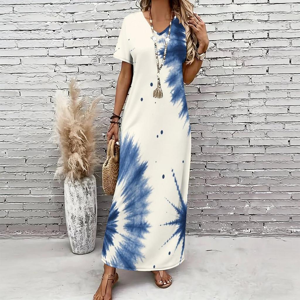 Women Plus Size V Neck Short Sleeve Abstract Floral Printed Long Dress