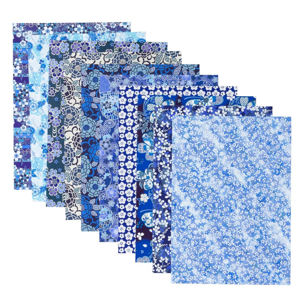 Kawasumi Washi Special Chiyogami Yuzen Washi A4 21 x 10 Patterns Indigo-Style Hand-Dyed Paper, Size, 29.7 cm,