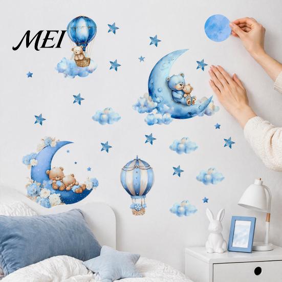 Haze Blue Schlafzimmer Dekoration 2 Stück Sternenhimmel Bär Wandaufkleber, Cartoon Mond Heißluftballon Aufkleber, Baby Kinderzimmer Aufkleber Abziehen und Aufkleben Kunstdekorationen für Kinder